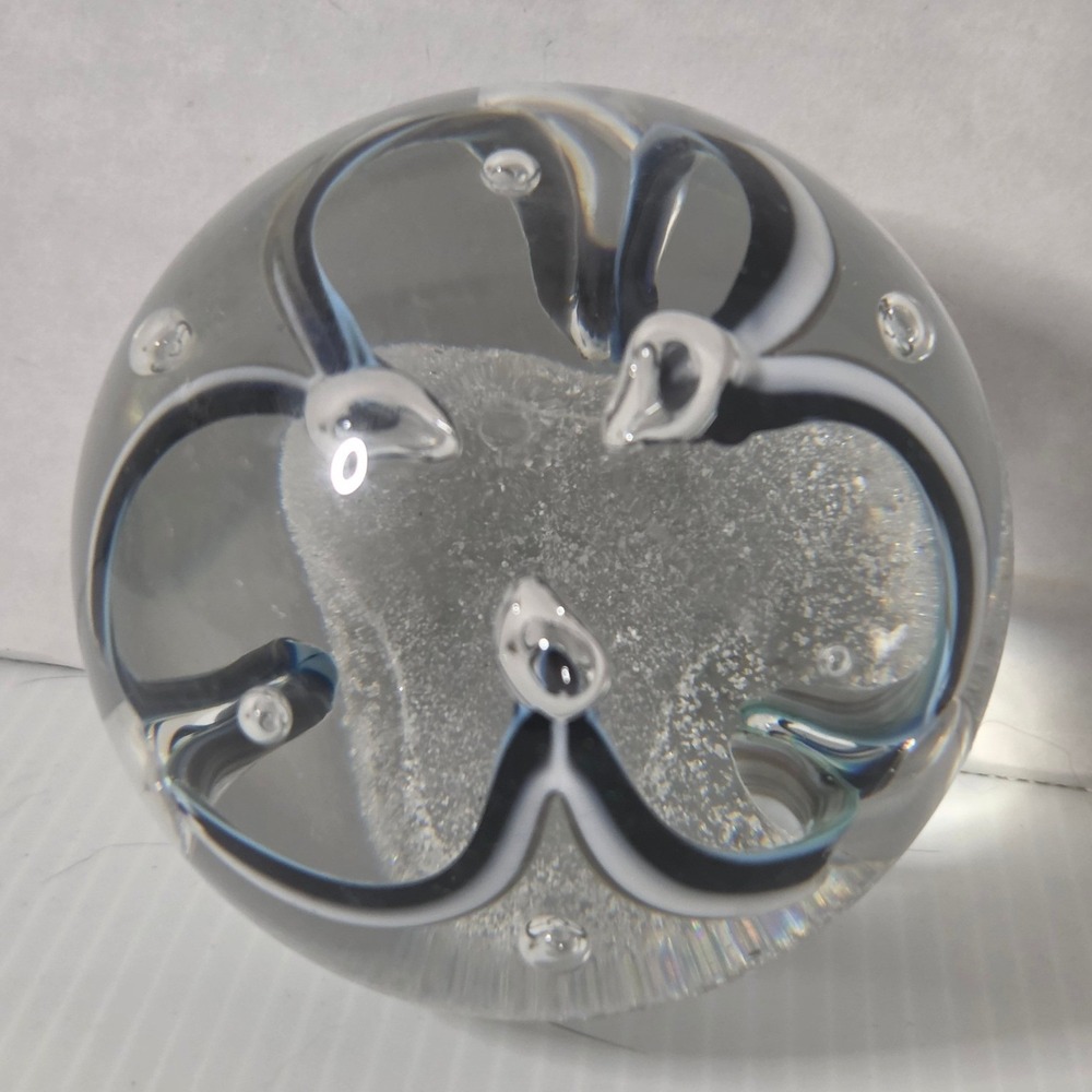 Vintage Poland 24% Lead Crystal Paperweight Black White Swirl Controlled Bubble